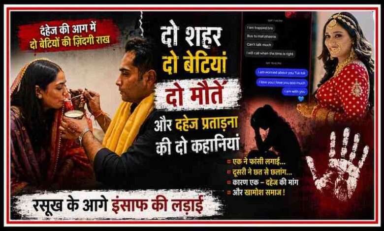 दहेज प्रताड़ना और संदिग्ध मौतों पर आधारित फीचर इमेज, जिसमें ट्विशा शर्मा और दीपिका नागर की शादी की तस्वीरें, चैट स्क्रीनशॉट और न्याय की लड़ाई को दर्शाया गया है।
