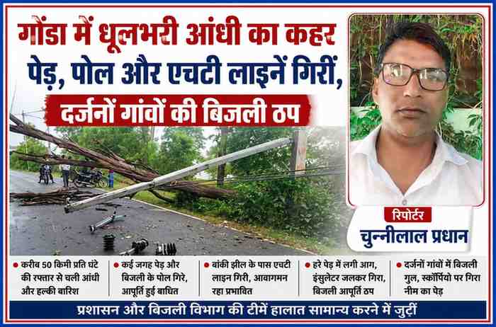 गोंडा में तेज आंधी के बाद सड़क पर गिरे पेड़ और बिजली पोल के साथ रिपोर्टर चुन्नीलाल प्रधान की फीचर इमेज