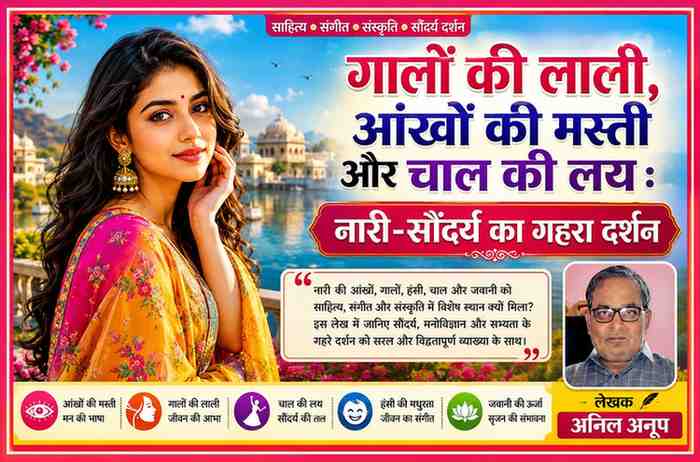 नारी-सौंदर्य के दार्शनिक पहलुओं पर आधारित रंगीन फीचर इमेज, जिसमें एक भारतीय तरुणी और लेखक अनिल अनूप की तस्वीर के साथ साहित्य, संगीत और संस्कृति का कलात्मक प्रस्तुतीकरण दिखाया गया है।