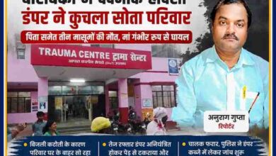 बाराबंकी सड़क हादसे की फीचर इमेज जिसमें ट्रॉमा सेंटर की तस्वीर और रिपोर्टर अनुराग गुप्ता का फोटो डबल कलर रूल्ड बॉक्स में दिखाया गया है।