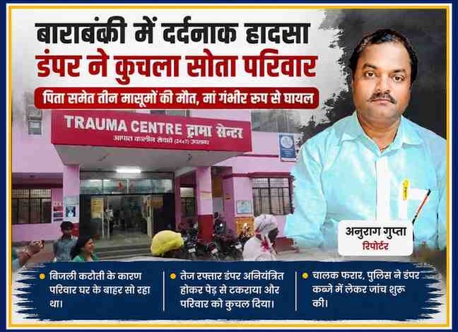 बाराबंकी सड़क हादसे की फीचर इमेज जिसमें ट्रॉमा सेंटर की तस्वीर और रिपोर्टर अनुराग गुप्ता का फोटो डबल कलर रूल्ड बॉक्स में दिखाया गया है।