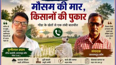 गोंडा के खेतों की पृष्ठभूमि में चुन्नीलाल प्रधान और संपादक की तस्वीरों के साथ किसानों की समस्याओं और मौसम संकट पर आधारित हिंदी फीचर इमेज