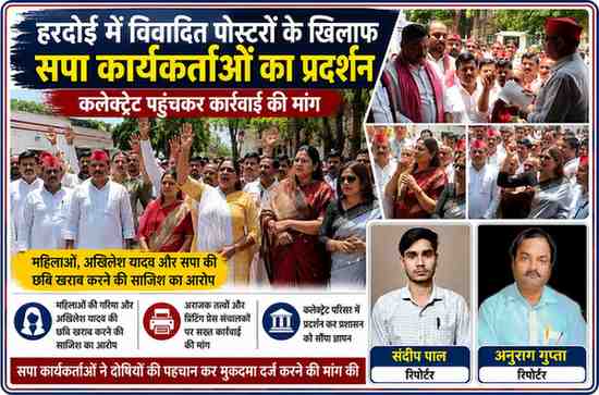 कलेक्ट्रेट परिसर में विवादित पोस्टरों के विरोध में प्रदर्शन करते समाजवादी पार्टी के कार्यकर्ता, साथ में रिपोर्टर अनुराग गुप्ता और मंदीप पाल की तस्वीर