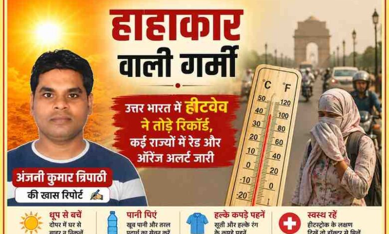 रिपोर्टर अंजनी कुमार त्रिपाठी के साथ उत्तर भारत में भीषण हीटवेव और रेड-ऑरेंज अलर्ट दर्शाती फीचर इमेज