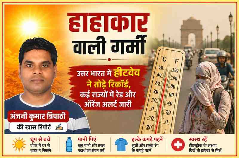 रिपोर्टर अंजनी कुमार त्रिपाठी के साथ उत्तर भारत में भीषण हीटवेव और रेड-ऑरेंज अलर्ट दर्शाती फीचर इमेज