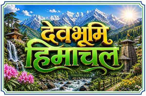 हिमाचल प्रदेश की बर्फीली पहाड़ियां, हरे-भरे जंगल, नदी और मंदिरों के बीच 3D गोल्डन टेक्स्ट में लिखा ‘देवभूमि हिमाचल’ दर्शाती खूबसूरत लैंडस्केप इमेज