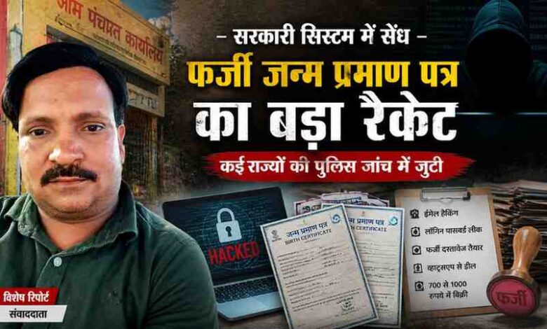 रिपोर्टर की तस्वीर के साथ फर्जी जन्म प्रमाण पत्र रैकेट और साइबर क्राइम को दर्शाती न्यूज़ फीचर इमेज