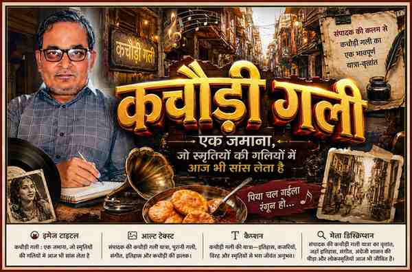 संपादक की तस्वीर के साथ कचौड़ी गली, भोजपुरी कजरी, पुरानी गलियां, ग्रामोफोन और कचौड़ी को दर्शाती कलात्मक फीचर इमेज