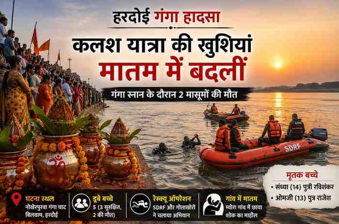 हरदोई के बिलग्राम स्थित नोखेपुरवा गंगा घाट पर कलश यात्रा और SDRF रेस्क्यू ऑपरेशन को दर्शाती फीचर इमेज