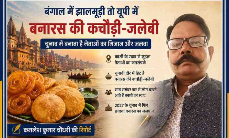 रिपोर्टर कमलेश कुमार चौधरी की तस्वीर के साथ बनारस घाट और कचौड़ी-जलेबी दर्शाती चुनावी माहौल की फीचर इमेज