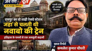 रामपुर नवाब रेलवे स्टेशन की ऐतिहासिक इमारत और शाही ट्रेन के साथ रिपोर्टर कमलेश कुमार चौधरी की फीचर इमेज