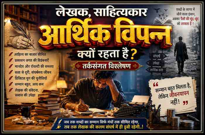 टेबल पर बैठा चिंितत लेखक, चारों ओर किताबें, टाइपराइटर और सिक्कों के बीच “आर्थिक विपन्न” शब्द 3D गोल्डन इफेक्ट में दर्शाती लैंडस्केप फीचर इमेज