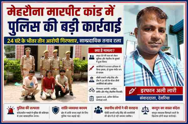 देवरिया के मेहरौना मारपीट कांड में गिरफ्तार आरोपियों के साथ पुलिस टीम और रिपोर्टर इरफान अली लारी की फीचर इमेज