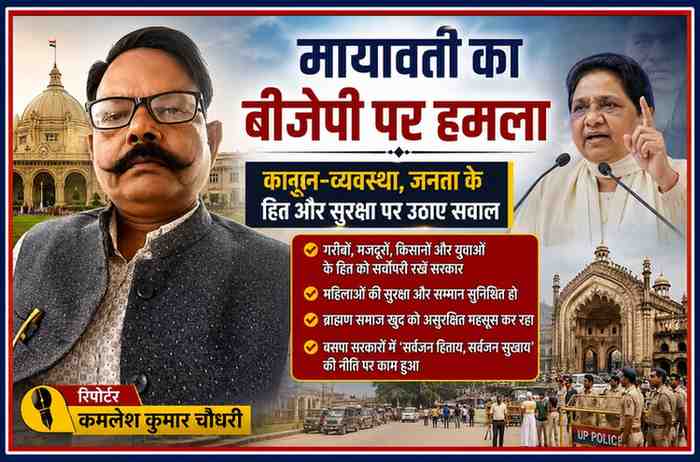 रिपोर्टर कमलेश कुमार चौधरी की तस्वीर के साथ मायावती के बयान पर आधारित राजनीतिक फीचर इमेज, जिसमें यूपी सरकार, कानून-व्यवस्था और जनता के मुद्दों को दर्शाया गया है।