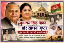 मुलायम सिंह यादव और साधना गुप्ता की तस्वीरों के साथ समाजवादी परिवार की प्रेम और संघर्ष गाथा दर्शाती लैंडस्केप फीचर इमेज