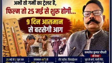 रिपोर्टर कमलेश कुमार चौधरी की तस्वीर के साथ नौतपा और भीषण गर्मी पर आधारित हिंदी न्यूज़ फीचर इमेज, जिसमें तापमान, लू और हीटवेव का दृश्य दर्शाया गया है।
