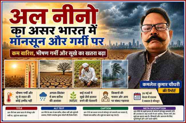 रिपोर्टर कमलेश कुमार चौधरी की तस्वीर के साथ अल नीनो, भीषण गर्मी, सूखा और कमजोर मॉनसून को दर्शाती लैंडस्केप फीचर इमेज।