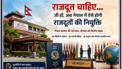 नेपाल सरकार की नई राजदूत नियुक्ति व्यवस्था को दर्शाती फीचर इमेज, जिसमें विदेश मंत्रालय, नेपाली झंडा और कूटनीतिक प्रतीक दिखाई दे रहे हैं।