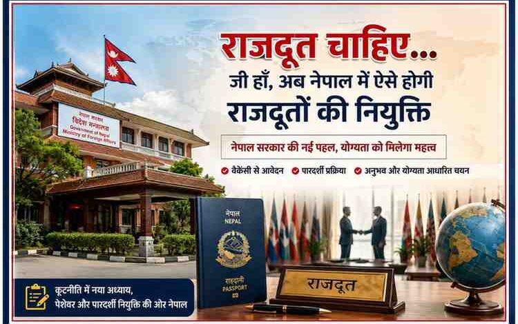 नेपाल सरकार की नई राजदूत नियुक्ति व्यवस्था को दर्शाती फीचर इमेज, जिसमें विदेश मंत्रालय, नेपाली झंडा और कूटनीतिक प्रतीक दिखाई दे रहे हैं।