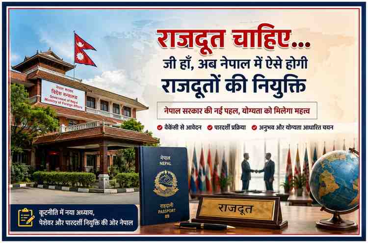नेपाल सरकार की नई राजदूत नियुक्ति व्यवस्था को दर्शाती फीचर इमेज, जिसमें विदेश मंत्रालय, नेपाली झंडा और कूटनीतिक प्रतीक दिखाई दे रहे हैं।