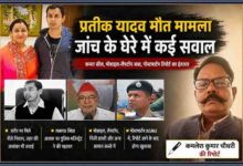 कमलेश कुमार चौधरी की रिपोर्ट के साथ प्रतीक यादव मौत मामले पर आधारित लैंडस्केप फीचर इमेज, जिसमें अपर्णा यादव, पुलिस जांच और पोस्टमार्टम से जुड़े दृश्य दर्शाए गए हैं।