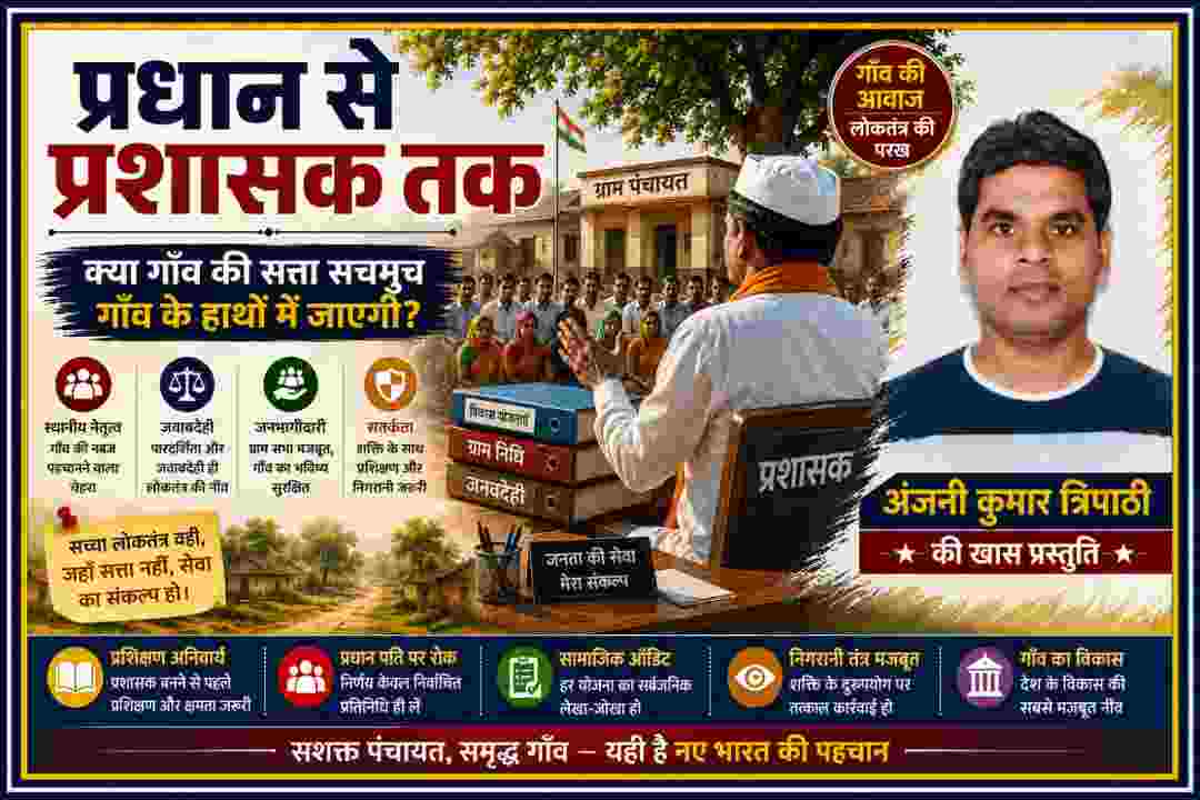 ग्राम पंचायत भवन, ग्रामीण जनसभा और अंजनी कुमार त्रिपाठी की तस्वीर के साथ पंचायत प्रशासन पर आधारित लैंडस्केप फीचर इमेज