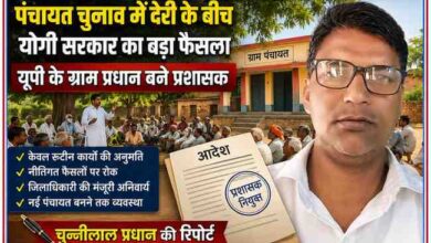 ग्राम पंचायत चुनाव में देरी पर आधारित फीचर इमेज जिसमें रिपोर्टर चुन्नीलाल प्रधान की तस्वीर, ग्राम पंचायत भवन, ग्रामीण बैठक और प्रशासक नियुक्ति आदेश दर्शाया गया है।