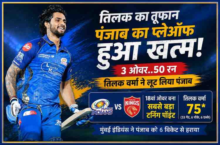 मुंबई इंडियंस के बल्लेबाज तिलक वर्मा की शानदार पारी पर आधारित फीचर इमेज, जिसमें पंजाब किंग्स के खिलाफ मैच जीत का जश्न दिखाया गया है।