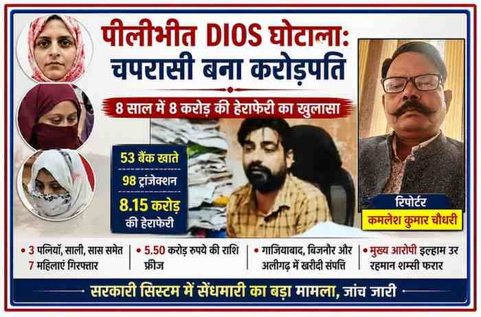 पीलीभीत DIOS घोटाले में आरोपी चपरासी और गिरफ्तार महिलाओं की तस्वीर के साथ रिपोर्टर कमलेश कुमार चौधरी
