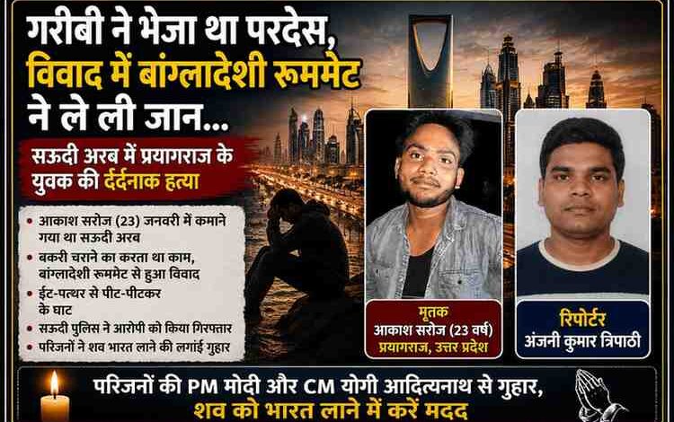 सऊदी अरब में हत्या के शिकार प्रयागराज निवासी आकाश सरोज और रिपोर्टर अंजनी कुमार त्रिपाठी की तस्वीर के साथ तैयार फीचर इमेज