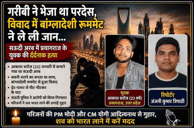 सऊदी अरब में हत्या के शिकार प्रयागराज निवासी आकाश सरोज और रिपोर्टर अंजनी कुमार त्रिपाठी की तस्वीर के साथ तैयार फीचर इमेज