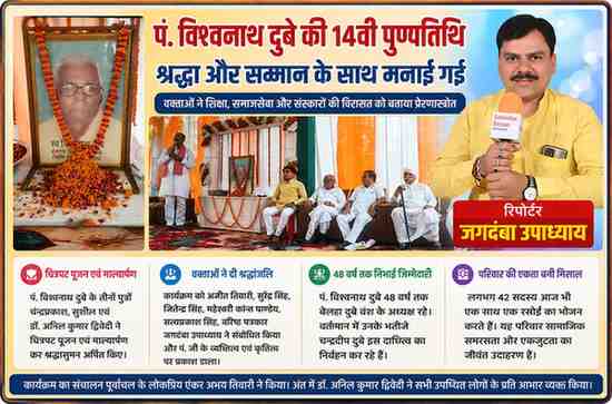 आजमगढ़ में पं. विश्वनाथ दुबे की 14वीं पुण्यतिथि पर आयोजित श्रद्धांजलि कार्यक्रम में मंच पर मौजूद अतिथि एवं रिपोर्टर जगदंबा उपाध्याय