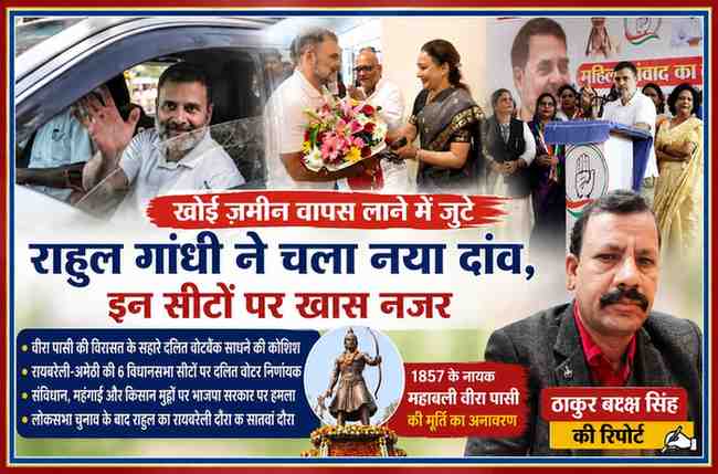 राहुल गांधी के रायबरेली दौरे, सभा संबोधन और रिपोर्टर ठाकुर बख्श सिंह की तस्वीर के साथ तैयार राजनीतिक फीचर इमेज
