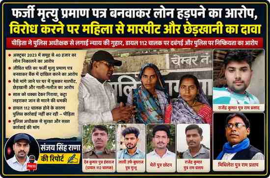 चित्रकूट में फर्जी मृत्यु प्रमाण पत्र बनाकर बैंक लोन हड़पने और महिला से मारपीट-छेड़खानी मामले पर आधारित फीचर इमेज, जिसमें रिपोर्टर संजय सिंह राणा और संबंधित पक्षों की तस्वीरें शामिल हैं।