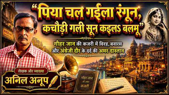 लेखक अनिल अनूप की तस्वीर के साथ गौहर जान, बनारस घाट और कचौड़ी गली की पृष्ठभूमि पर आधारित कजरी विषयक फीचर इमेज