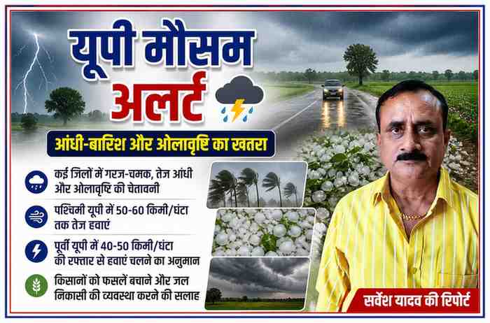 रिपोर्टर सर्वेश यादव की तस्वीर के साथ यूपी में आंधी, बारिश, वज्रपात और ओलावृष्टि अलर्ट पर आधारित फीचर इमेज