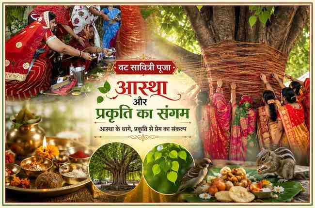 वट सावित्री पूजा के दौरान वट वृक्ष की पूजा करती महिलाएं, आस्था के धागे बांधते श्रद्धालु और प्रकृति संरक्षण का संदेश देती सांकेतिक फीचर इमेज।