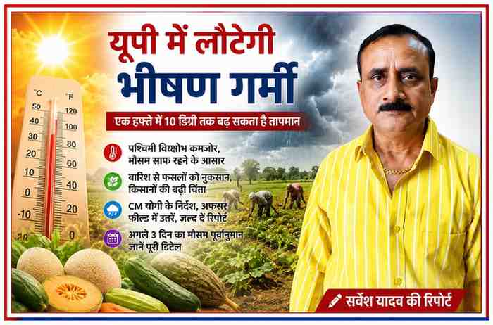 रिपोर्टर सर्वेश यादव की तस्वीर के साथ उत्तर प्रदेश में बढ़ती गर्मी, मौसम बदलाव और किसानों की चिंता को दर्शाती फीचर इमेज