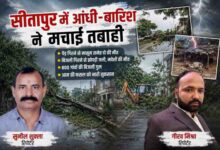 सीतापुर में आंधी और बारिश के बाद सड़क पर गिरा पेड़, रिपोर्टर सुनील शुक्ला और गौरव मिश्रा की तस्वीर के साथ फीचर इमेज