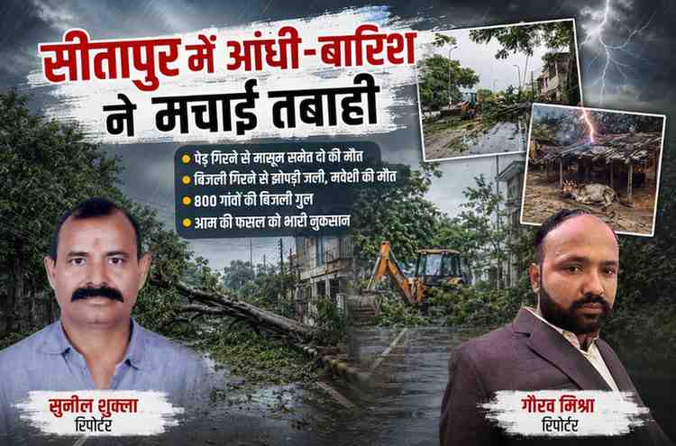 सीतापुर में आंधी और बारिश के बाद सड़क पर गिरा पेड़, रिपोर्टर सुनील शुक्ला और गौरव मिश्रा की तस्वीर के साथ फीचर इमेज