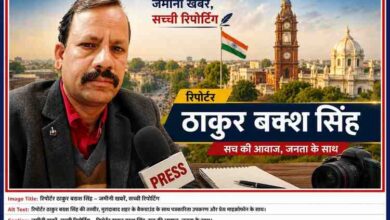 रिपोर्टर ठाकुर बख्श सिंह की प्रोफेशनल तस्वीर, पत्रकारिता थीम वाले बैकग्राउंड, प्रेस माइक्रोफोन और कैमरे के साथ डिजाइन की गई फीचर इमेज।