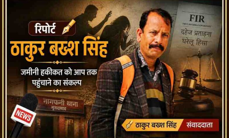 मुरादाबाद में घरेलू हिंसा और दहेज प्रताड़ना मामले की रिपोर्ट करते हुए पत्रकार ठाकुर बख्श सिंह की तस्वीर, बैकग्राउंड में सांकेतिक न्याय और हिंसा से जुड़ी छवि