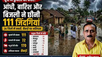 उत्तर प्रदेश में आंधी, मूसलाधार बारिश और आकाशीय बिजली से हुई तबाही को दर्शाती फीचर इमेज, जिसमें प्रभावित गांव, राहत कार्य और रिपोर्टर सर्वेश यादव की तस्वीर दिखाई गई है।