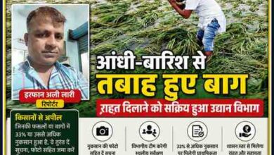 देवरिया में आंधी-तूफान से बर्बाद फसल के बीच खड़ा किसान और रिपोर्टर इरफान अली लारी की तस्वीर के साथ बनाई गई फीचर इमेज