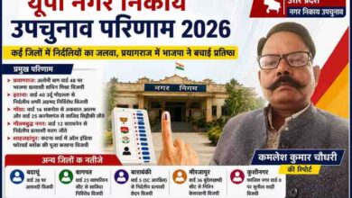 रिपोर्टर कमलेश कुमार चौधरी की तस्वीर के साथ यूपी नगर निकाय उपचुनाव 2026 के नतीजों पर आधारित आकर्षक लैंडस्केप फीचर इमेज।
