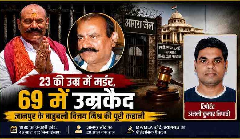विजय मिश्र की तस्वीर, आगरा जेल, प्रयागराज MP/MLA कोर्ट और रिपोर्टर अंजनी कुमार त्रिपाठी के साथ डिजाइन की गई न्यूज फीचर इमेज