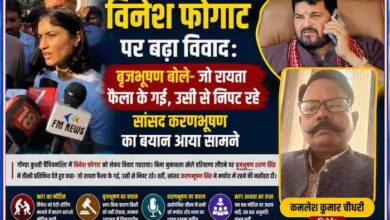 विनेश फोगाट, बृजभूषण शरण सिंह और रिपोर्टर कमलेश कुमार चौधरी की तस्वीरों के साथ तैयार की गई हिंदी न्यूज फीचर इमेज