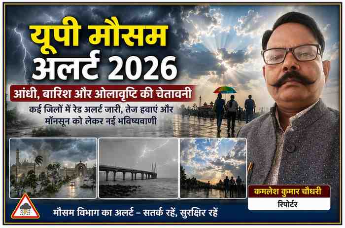 रिपोर्टर कमलेश कुमार चौधरी के साथ यूपी मौसम अलर्ट 2026 की फीचर इमेज, जिसमें आंधी, तेज बारिश, बिजली गिरने और मॉनसून पूर्व मौसम परिवर्तन को दर्शाया गया है।