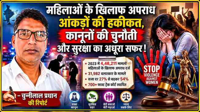 महिलाओं के खिलाफ बढ़ते अपराधों पर आधारित फीचर इमेज, जिसमें NCRB 2023 रिपोर्ट के आंकड़े, महिला सुरक्षा का मुद्दा और रिपोर्टर चुन्नीलाल प्रधान की तस्वीर प्रदर्शित है।