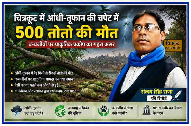 चित्रकूट में आए भीषण आंधी-तूफान के बाद मृत तोतों और रिपोर्टर संजय सिंह राणा के साथ वन्यजीवों पर प्राकृतिक आपदा के प्रभाव को दर्शाती फीचर इमेज।